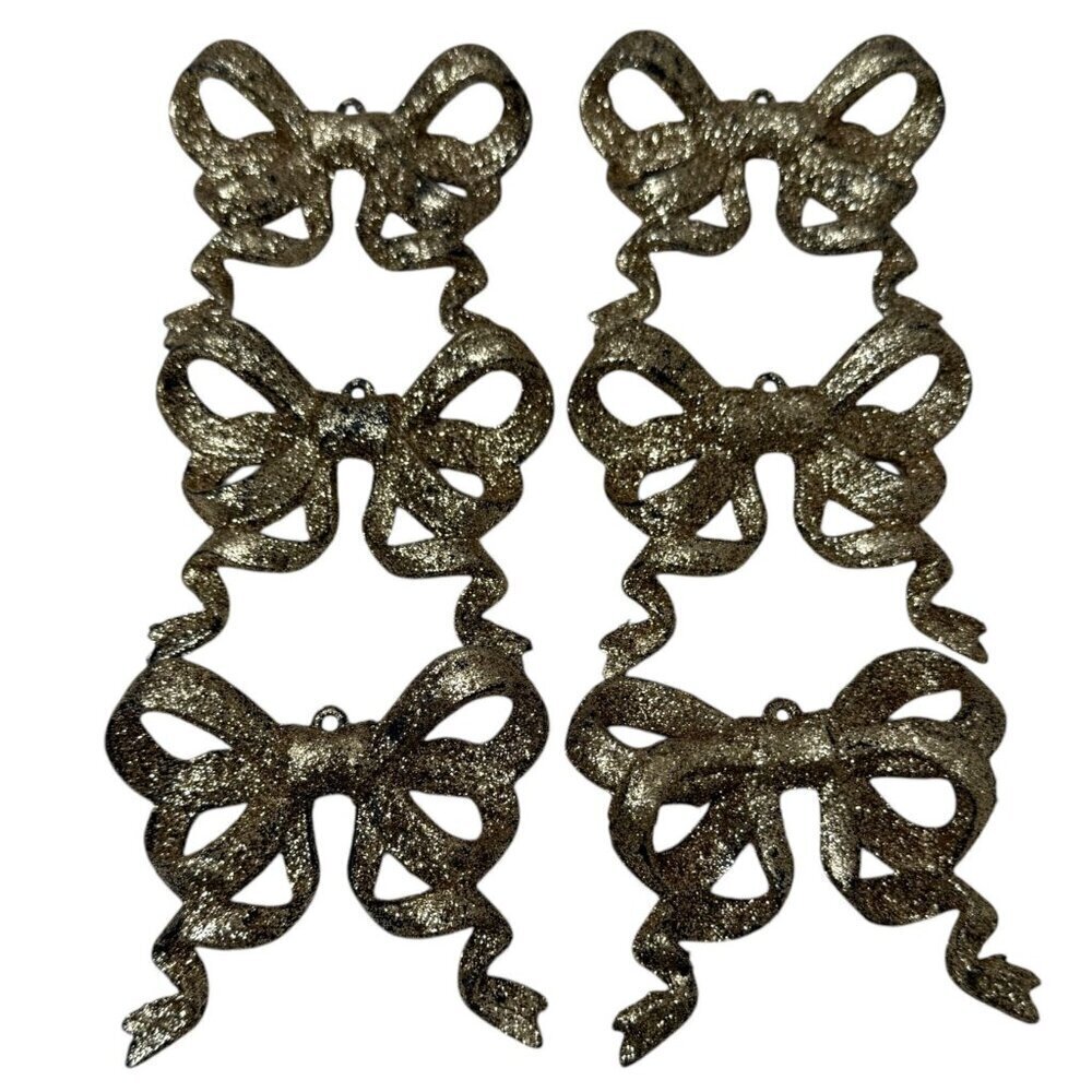 Bow Christmas Ornaments Set of 6 Gold Glitter Holiday Decor 3.5" Wide